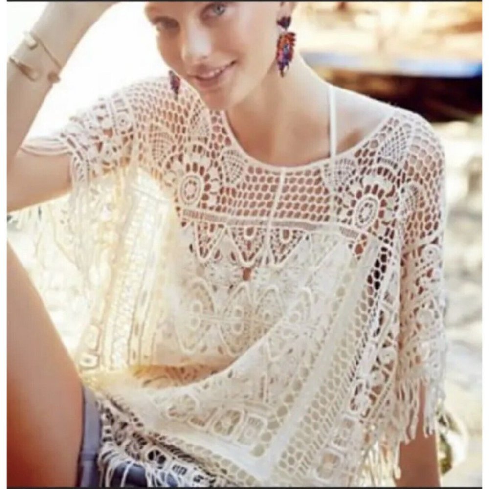 Anthropologie Angel Of The North XS/S Crochet Pullover Top Beige Fringe
